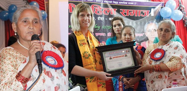 Bhagbati Nepal said that the Revolution of 2006 was a milestone for Nepalese women pursuing equal rights.  Right: NWS honours Francesca Ricciardone at the programme.