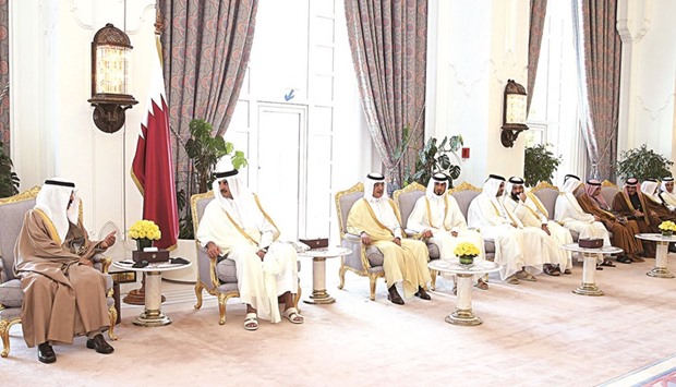 HH the Emir Sheikh Tamim bin Hamad al-Thani holding talks with Bahrainu2019s Prime Minister Prince Khalifah bin Salman al-Khalifah at the Emiri Diwan yesterday.