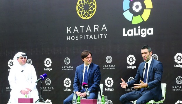 LaLiga Global ambassador Fernando Sanz explaining a point about the tie up with Katara Hospitality as Hamad Abdulla al-Mulla and Adolfo Bara look on: PICTURE: Jayan Orma