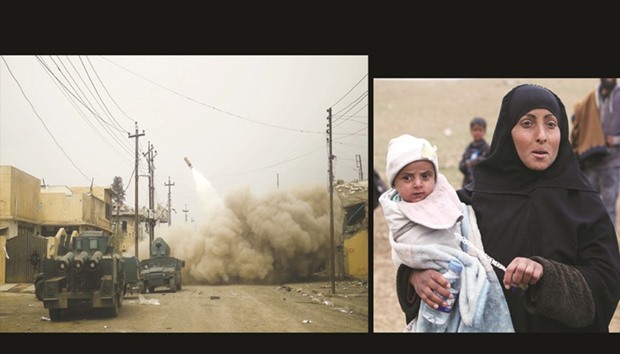 LEFT: Iraqi rapid response members fire a missile against Islamic State militants during a battle with the militants in Mosul yesterday.  RIGHT: An Iraqi displaced woman who fled her home carries her child as forces battle with IS militants, in the village of Badush northwest of Mosul.