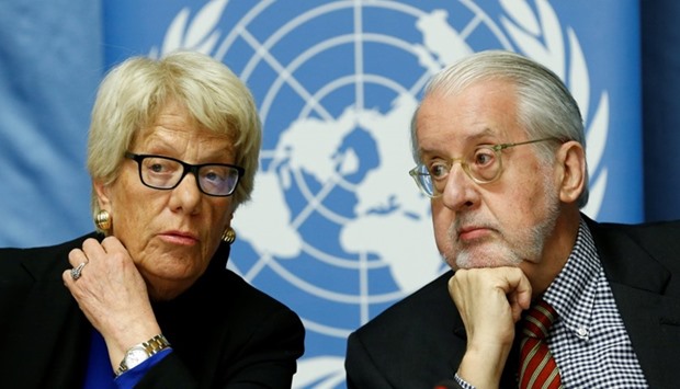 Paulo Pinheiro, Chairperson of the Independent Commission of Inquiry on the Syrian Arab Republic (R) waits with co-member Carla del Ponte before a news conference into events in Aleppo at the United Nations in Geneva, Switzerland.