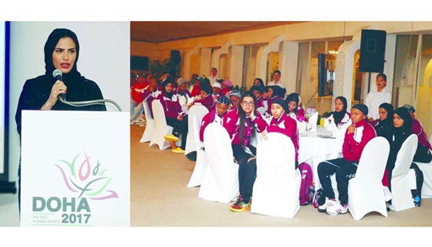 Former volleyball player Haya al-Ahmad addresses the athletes. Right: u2018Save the Dreamu2019 and female athletes from across the Middle East united at a special ceremony to share their personal experiences about the inspiring and powerful role sport can play in empowering women from all cultures and communities.