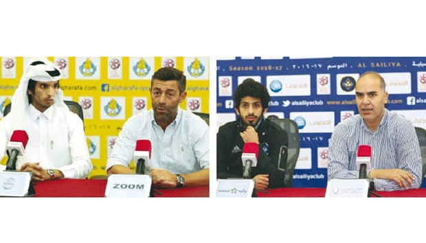 Al Gharafa coach Pedro Caixinha (right) speaks at a press conference ahead of their QSL Round 23 match against Al Sailiya. (Right) Al Sailiya head coach Sami Trabelsi (right).