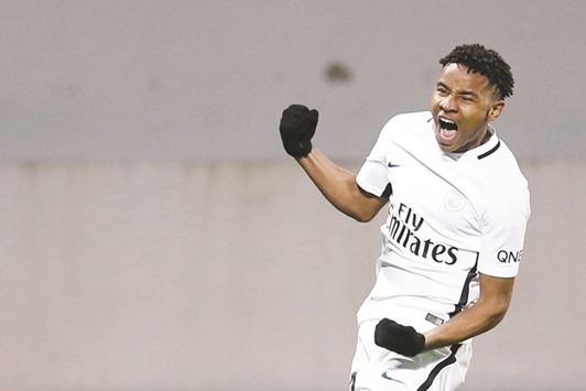 Paris St Germainu2019s Christopher Nkunku celebrates after scoring against Lorient. (Reuters)