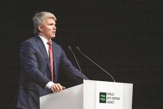 Russian Sport Minister Pavel Kolobkov addresses the assembly at the opening of the 2017 edition of the World Anti-Doping Agency (WADA) Annual Symposium in Lausanne yesterday. (AFP)