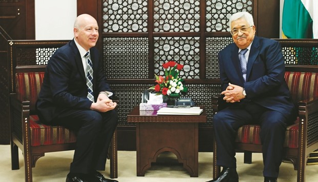 Palestinian president Mahmoud Abbas meets with Jason Greenblatt, the US presidentu2019s assistant and special representative for international negotiations, at his office in the West Bank city of Ramallah yesterday.