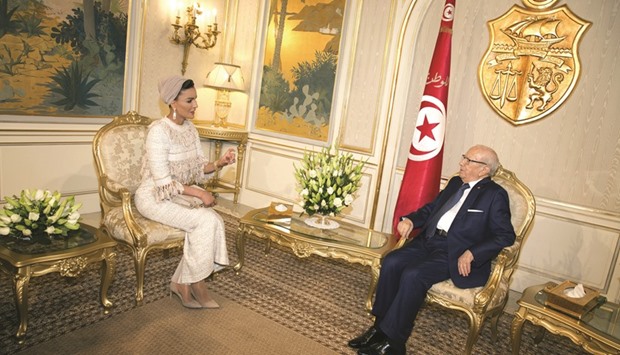HH Sheikha Moza bint Nasser meeting with Tunisian President Beji Caid Essebsi in Tunis yesterday. PICTURE: Aisha Al Musallam/HHOPL