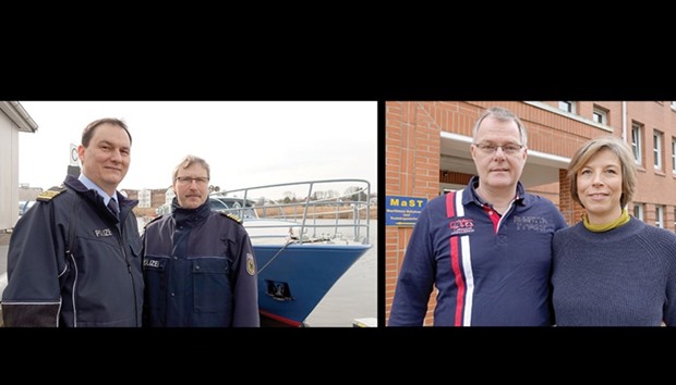 Jan Labetzsch and Jens-Karsten Reimann of Neustadt Police, which has been running workshops to educate recreational sailors about the dangers of pirates.  RIGHT: Jan and Sabine Sorensen, who are about to embark on a world sailing tour. The couple were among the attendees at the workshop in Neustadt, Germany.