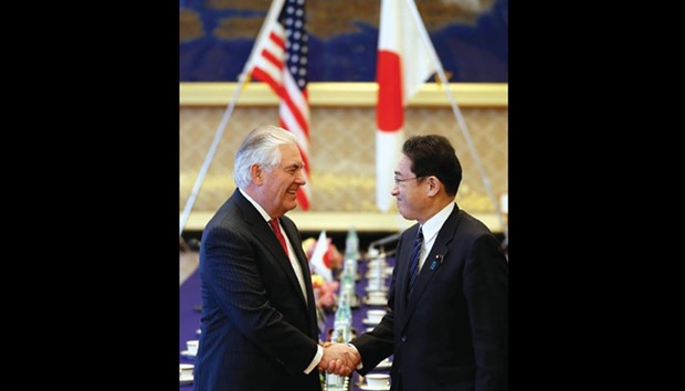 US Secretary of State Rex Tillerson (left) shakes hands with Japanu2019s Foreign Minister Fumio Kishida before their meeting at the foreign ministryu2019s Iikura guest house yesterday in Tokyo, Japan.