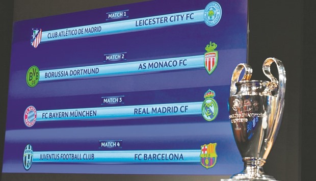 Champions League quarter-final draw is shown on screen at the UEFA headquarters in Nyon, Switzerland. (AFP)