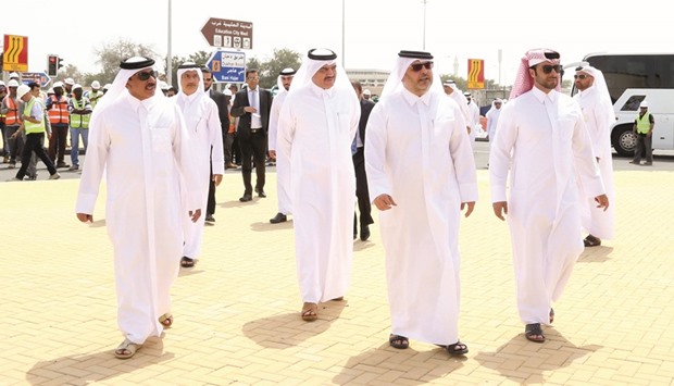 HE the Minister of Transport and Communication Jassim Seif Ahmed al-Sulaiti, HE the Minister of Municipality and Environment Mohamed bin Abdullah al-Rumaihi, Ashghal president Dr Saad bin Ahmed al-Muhannadi, head of the expressway projects Yousef al-Emadi and others on an inspection tour of the Al Qalaa Interchange yesterday. PICTURE: Jayan Orma
