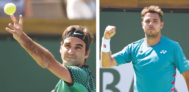 Roger Federer of Switzerland serves against Jack Sock of the United States during their BNP Paribas Open semi-final at Indian Wells Tennis Garden in Indian Wells, California. Right: Switzerlandu2019s Stanislas Wawrinka celebrates his victory over Spainu2019s Pablo Carreno Busta in their BNP Paribas Open semi-final.  (Getty Images/AFP)