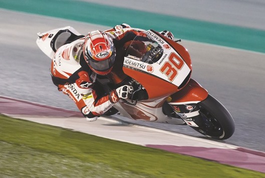 Takaaki Nakagami in action during the Moto3 test at the Losail International Circuit.