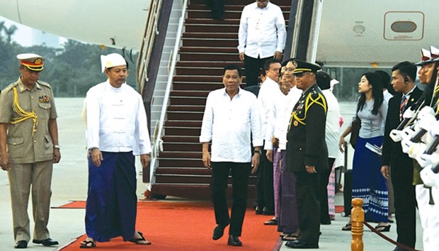 President Rodrigo Duterte arrives at Naypyidaw International Airport, Myanmar yesterday.