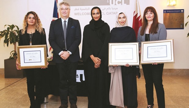 HE Sheikha Hind bint Hamad al-Thani and UCL Qatar director Dr Sam Evans with recipients of the UCL Qatar Academic Excellence Scholarship.
