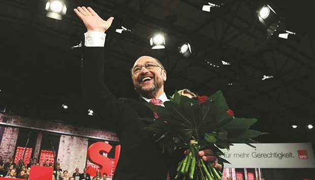 Schulz acknowledges applause after his election yesterday as new SPD leader during the partyu2019s congress in Berlin.