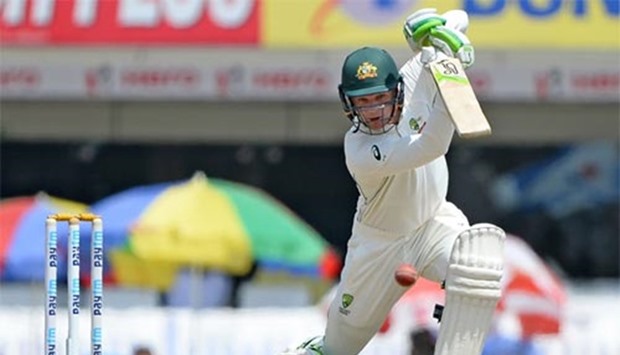 Australian batsman Peter Handscomb plays a shot during the fifth day of the third Test at the Jharkhand State Cricket Association stadium in Ranchi on Monday