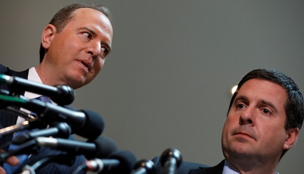 House Select Committee on Intelligence Chairman Rep. Devin Nunes (R) and Ranking Member Rep. Adam Schiff (L) speak with the media about the ongoing Russia investigation on Capitol Hill.