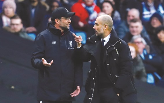 Liverpool manager Jurgen Klopp (left) and his Manchester City counterpart Pep Guardiola were both extremely animated on the touchline during Sundayu2019s match. (Reuters)