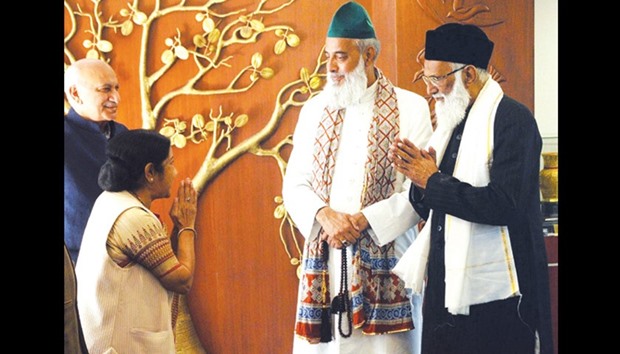 Sufi clerics Syed Asif Ali Nizami and Nazim Ali Nizami meet External Affairs Minister Sushma Swaraj and Minister of State M J Akbar in New Delhi yesterday.