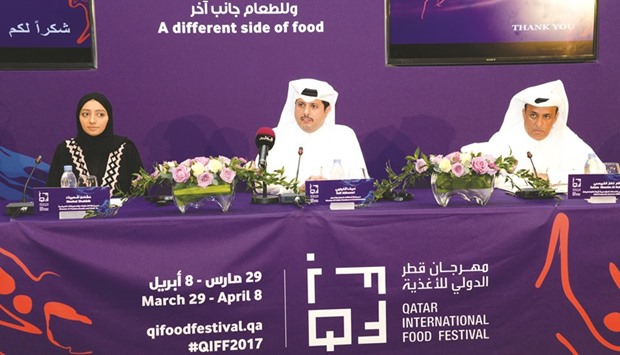 (From left) Mashal Shahbik, Saif al-Kuwari, and Salem al-Kubaisi at the press conference about QIFF 2017 yesterday.