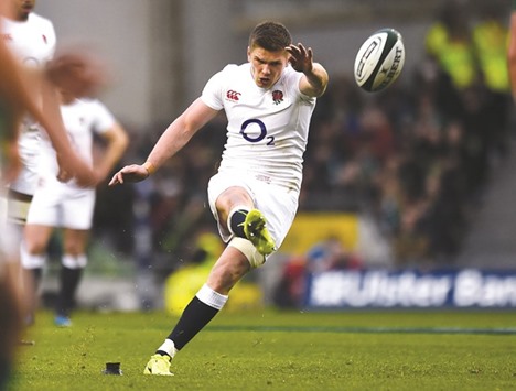 Englandu2019s Owen Farrell kicks a penalty during the Six Nations match against Ireland in Dublin. (Reuters)