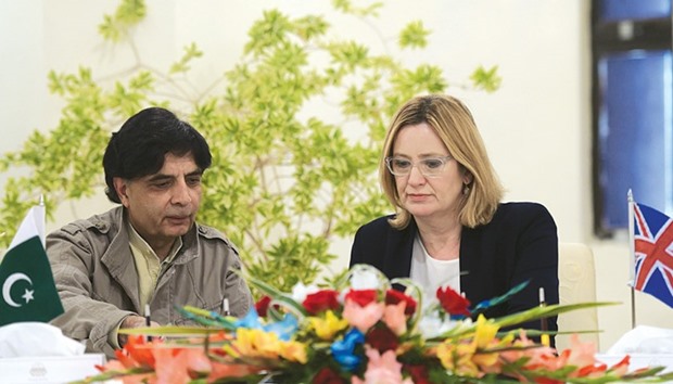 Pakistani Interior Minister Chaudhry Nisar Ali Khan and British Home Secretary Amber Rudd sign an agreement on security in Islamabad yesterday. British Home Secretary Amber Rudd arrived in Islamabad to meet Pakistani leaders.