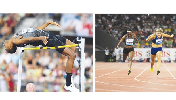 Qataru2019s Mutaz Barshim in action during the high jump event at Lausanne last year. Right: The Netherlandsu2019 Dafne Schippers and Jamaicau2019s Elaine Thompson in action during the womenu2019s 200m race in Zurich.