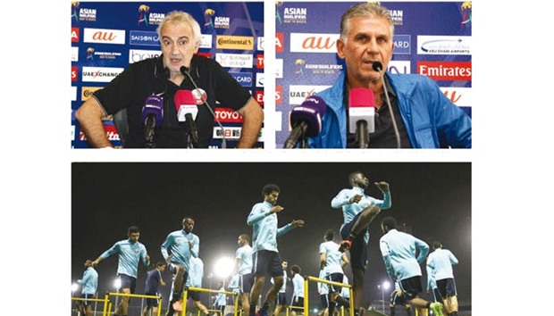 Qatar coach  Jorge Fossati (left) and his Iranian counterpart  Carlos Queiroz address the media yesterday. At right, Qatar players train for todayu2019s match.
