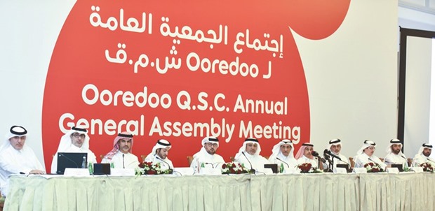 Sheikh Abdulla, along with other Ooredoo board members and officials, addressing shareholders at the companyu2019s annual assembly general meeting at the Four Seasons yesterday. PICTURE: Noushad Thekkayil