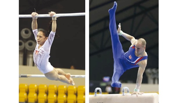Tingting Liu of China in action on the uneven bars during the 10th FIG Artistic Gymnastics World Cup at the Aspire Dome in Doha yesterday. Liu qualified second to the final, which will be held tomorrow. PICTURE: Jayan Orma. Right: Filip Ude of Croatia shows his moves during the Pommel Horse qualification round.