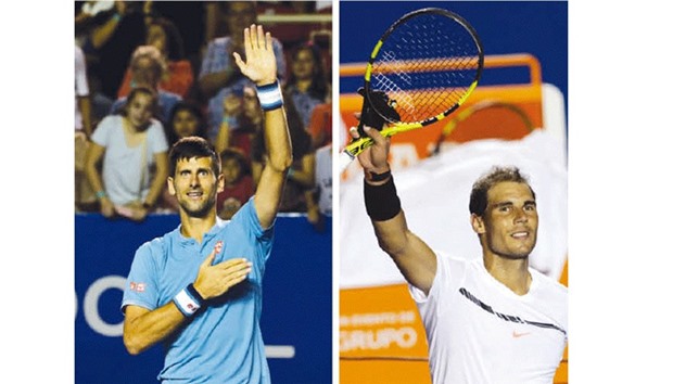 Serbiau2019s Novak Djokovic celebrates his victory against Argentinau2019s Juan Martin Del Potro. Right: Spainu2019s Rafael Nadal celebrates his victory against Italyu2019s Paolo Lorenzi. (Reuters)