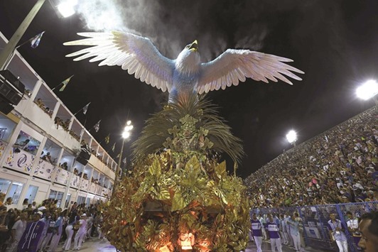 Members of the Portela samba school performing on the second night of Riou2019s Carnival at the Sambadrome in Rio de Janeiro, early on February 28.