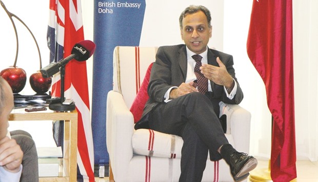 British ambassador Ajay Sharma speaking to journalists at the British embassy in Doha yesterday.