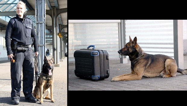 Police dog handler Christina Hansen with Belgian Shepherd Uzzo during the trainer exercise.  RIGHT: Belgian Shepherd Uzzo, a sniffer dog for the German federal police in Saarland, identifies a suitcase containing explosives during a training exercise at Neunkirchen Station.