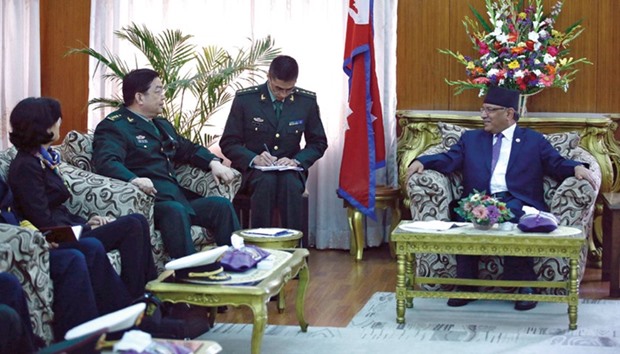 Nepalese Prime Minister Pushpa Kamal Dahal hosts Chinese Defence Minister Chang Wanquan at the Prime Ministeru2019s official residence in Kathmandu yesterday.