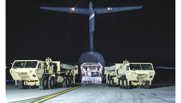 The first elements of the US-built Terminal High-Altitude Area Defence (THAAD) arriving at Osan US Air Base in Pyeongtaek, south of Seoul.
