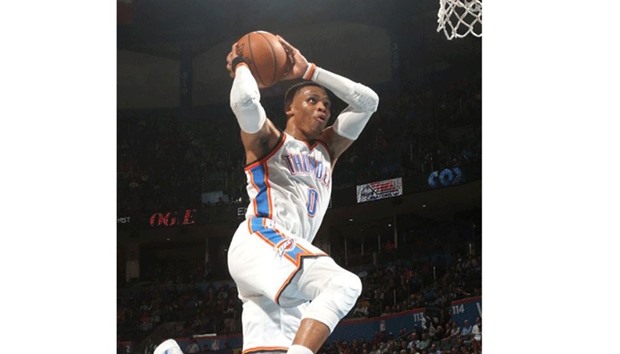 Oklahoma City Thunder player Russell Westbrook makes 35th triple-double of the season without missing a shot.