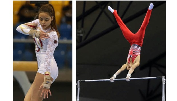 Qataru2019s Jana Elkeky performs during Floor Exercise qualifying round of the 10th FIG Artistic Gymnastics World Cup at the Aspire Dome yesterday. Elkeky finished 18th. Right: Qataru2019s Ahmed Mosa in action during the Horizontal Bar qualifying round, where he finished 18th. PICTURES: Jayan Orma