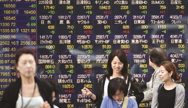 Pedestrians walk past an electronic quotation board in Tokyo. The Nikkei 225 closed up 0.9% to 19,262.53 points yesterday.