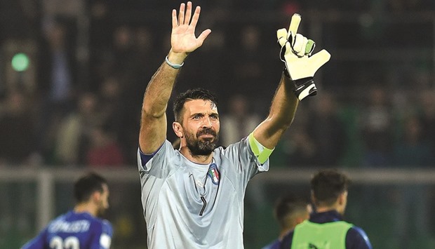 Italyu2019s goalkeeper Gianluigi Buffon greets fans at the end of the FIFA World Cup 2018 qualification match against Albania at Renzo Barbera stadium in Palermo on Friday. Italy won 2-0. (AFP)