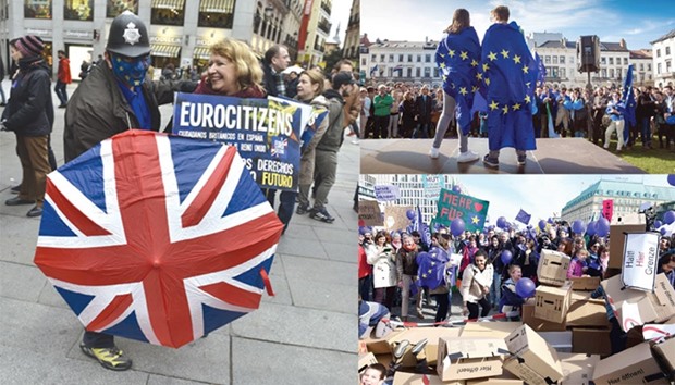 Above: People hold EU flags during the u2018March For Europeu2019 in Brussels on the occasion of the 60th anniversary of the European Union.  Left: A man with an EU flag painted on his face holds an umbrella with the British flag in Madrid yesterday.  Below: Children play with a symbolic border made of packing boxes during the u2018March For Europeu2019 in Berlin. The placards read u2018More Love for Europeu2019, u2018Walls, out of the headsu2019, u2018Solidarityu2019, and u2018Stop! Here is the borderu2019.