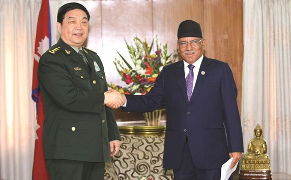 Pushpa Kamal Dahal, right, meets with visiting Chinese Defence Minister and State Councillor Chang Wanquan in Kathmandu.