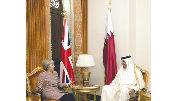 HH the Emir Sheikh Tamim bin Hamad al-Thani meeting with British Prime Minister Theresa May in Manama last December on the sidelines of the GCC Summit.