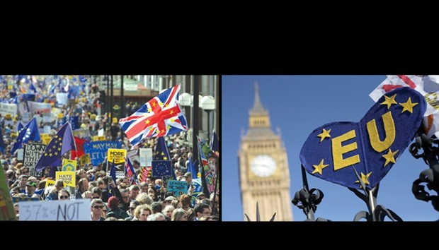 Demonstrators participate in an anti Brexit, pro-European Union march in London yesterday, ahead of the British governmentu2019s planned triggering of Article 50 next week.