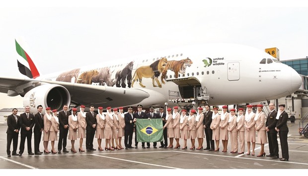 EK261, the first scheduled Emirates A380 flight to South America, is seen before its departure to Sao Paulo.