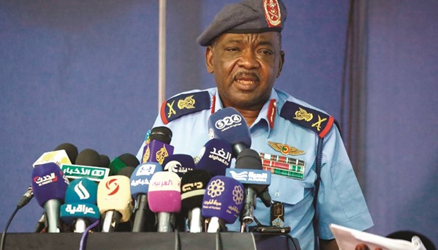 Salaheddin Abdul Khalid, acting chief of staff of Sudanese air force, speaks during a press conference in Khartoum yesterday, ahead of the joint air force drill with Saudi Arabia.