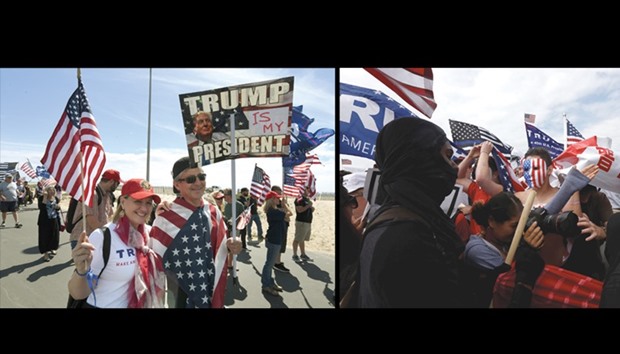 Supporters of US President Trump march during the Make America Great Again rally in Huntington Beach, California. Right: Pro-Trump rally participants clash with Anti-Trump protesters during a Pro-Trump rally in Huntington Beach, California.
