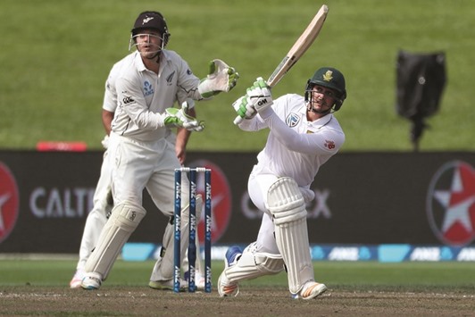 Quinton de Kock of South Africa plays a shot on day two of the third Test against New Zealand at Seddon Park in Hamilton yesterday. (AFP)