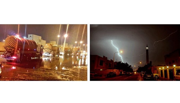 Rainwater removal work in progress. Picture courtesy of MME. Right: Lightning streaks across the Doha sky last night during thundery rain. PICTURE: Nasar T K